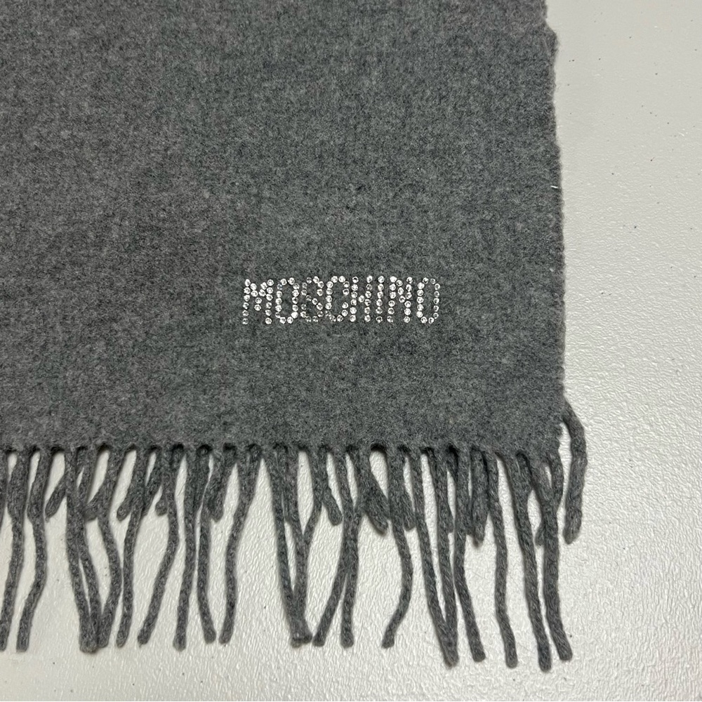 Authentic Moschino Fringe Wool Rhinestones Gray Scarf - Picture 3 of 9